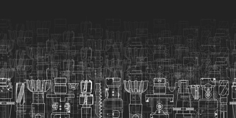 Fototapeta premium Mechanical engineering drawings on black background. Tap tools, borer. Technical Design. Cover. Blueprint. Seamless pattern. Vector illustration.