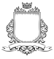 Template of Medieval Coat of Arms with Crown, Ribbon and Floral Ornament. Black and White Outline Hand Drawn Retro Illustration. Vintage Engraving. Element for Classic Heraldic Design, Mascot