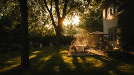 Family Barbecue in Suburban Backyard During Summer Afternoon