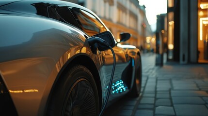 Electric Vehicle Charging in City: A sleek, silver electric car charges on a cobblestone street, showcasing sustainable urban transportation. The warm evening light adds a touch of sophistication.