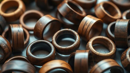 A collection of smooth wooden rings, each one showcasing the unique patterns and textures of the natural wood grain