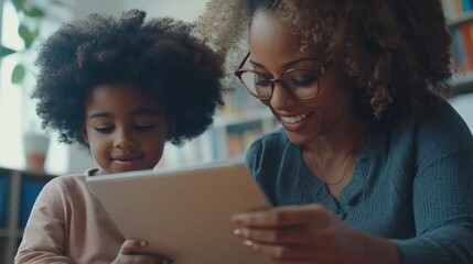 Happy mature female teacher educator helping African American junior school kid girl student using digital tablet computer education program app technology during elementary class lesson in classroom