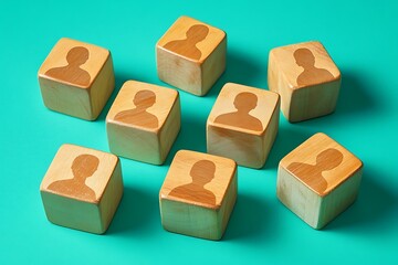 Obraz premium Wooden Blocks with Person Silhouettes - Teamwork Pattern