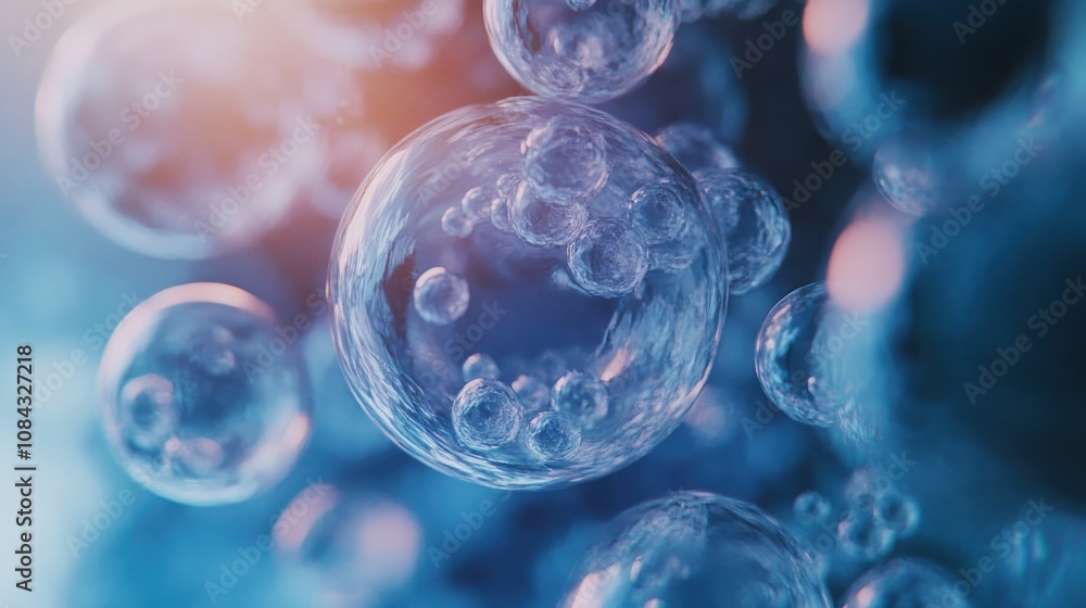 Poster a close-up of translucent bubbles in a blue and soft light setting.