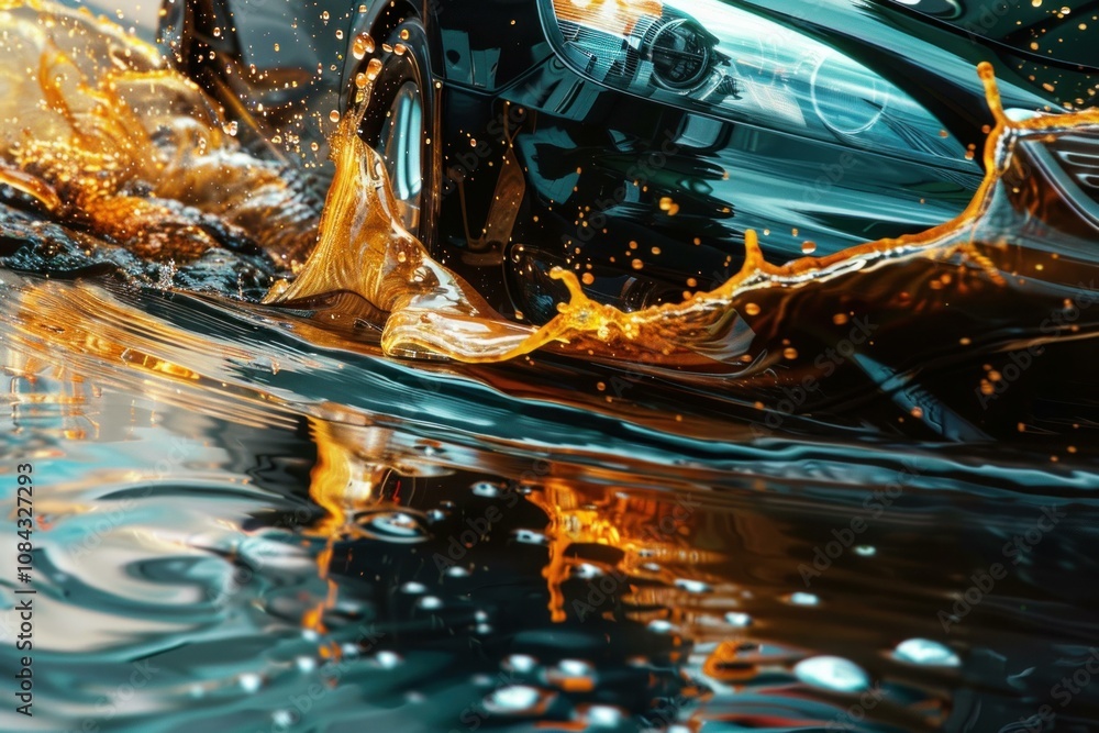 Poster black car driving through water splashing golden liquid, creating a dynamic and visually captivating