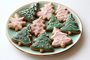 Christmas tree shaped cookies decorated with icing on green plate