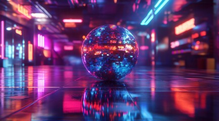 Obraz premium Vibrant disco ball, neon lights reflecting on its surface