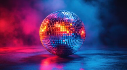Obraz premium Vibrant disco ball, neon lights reflecting on its surface