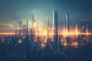 A futuristic cityscape with towering skyscrapers and glowing lights at dusk.