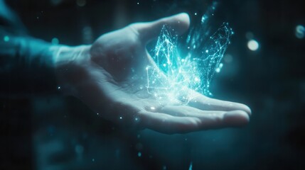 Metaverse, Web3 and Blockchain Technology Concepts. Opened Hand Levitating Virtual Objects. Futuristic Tone