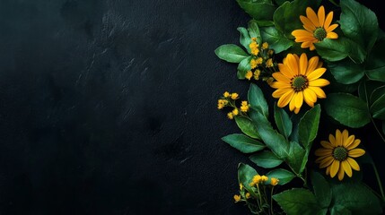 Fototapeta premium Vibrant Yellow Flowers with Lush Green Leaves on Dark Background, Natural Elegance, Botanical Beauty Concept, concept print for dish mat, placemat 