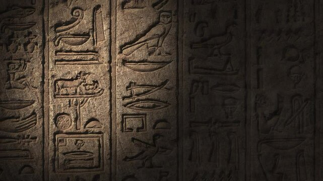 Light spot moving on ancient egypt hieroglyphics carving on wall of temple, 4k