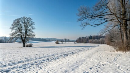 Obraz premium Wide-angle shot of a snow-covered field with bare trees and a clear blue sky, landscape, bare trees, peaceful atmosphere, scenic views