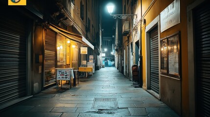 Narrow alleyway at night with warm street lighting, shuttered storefronts, and outdoor restaurant signage