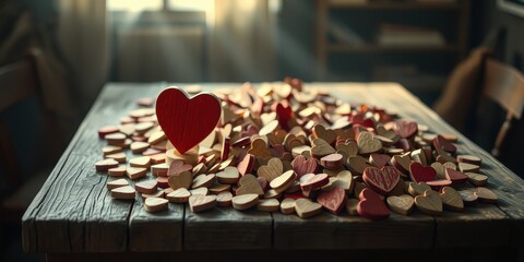 One Large Red Wooden Heart Stands Tall Among a Sea of Smaller Wooden Hearts on a Rustic Wooden Table