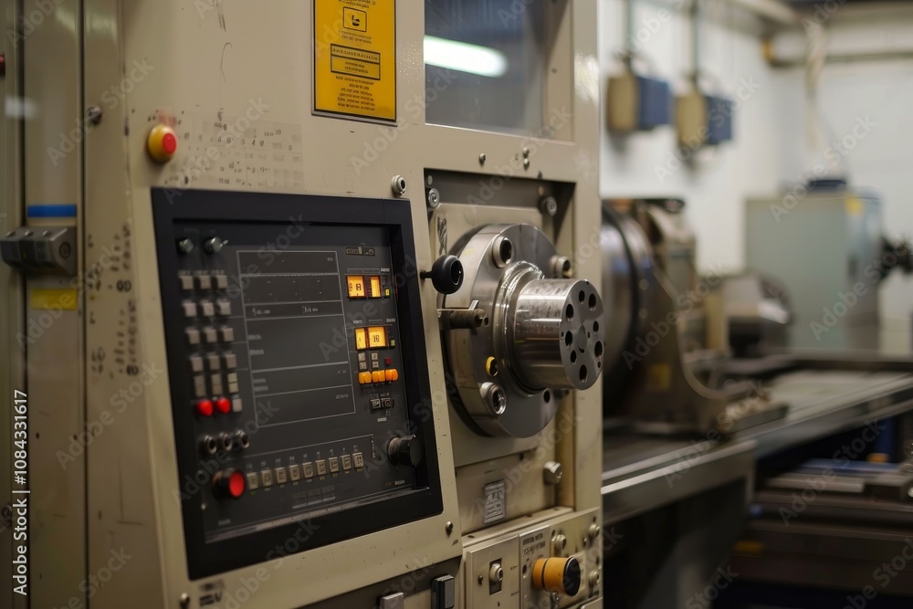 Poster control panel of a metalworking machine with illuminated buttons operating in a factory