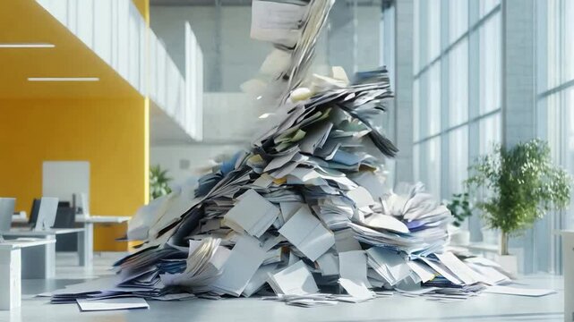 A large stack of paper documents accumulates in a modern office, highlighting the challenge of organization and clutter management