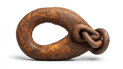 Rusty oval metal shackle isolated on white background showing weathered texture and interlocking design