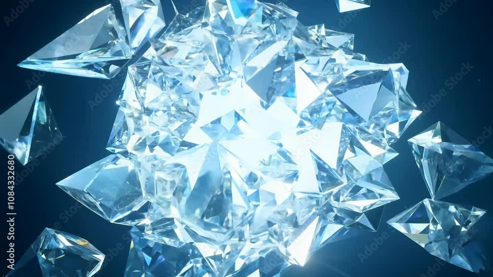 Poster crystalline structure explodes into dazzling fragments of light. camera orbits, cool ethereal lighti