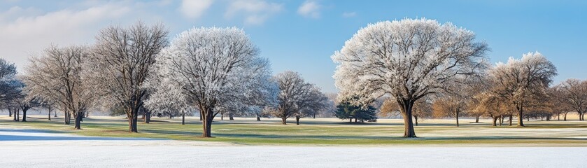 Obraz premium A serene winter landscape featuring frosted trees and a snowy field under a clear sky.