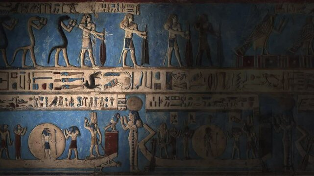 Light spot moving on hieroglyphic carvings and paintings on the interior walls of an ancient egyptian temple, 4k