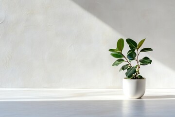A small potted plant sits on a minimalist surface, illuminated by natural light.