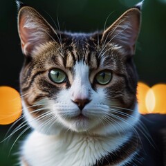This beautiful cat with striking green eyes appears calm and composed. Its fur glistens against a blurred background, adding to its charm. Cats Felis are a genus of predatory mammals. Generative AI