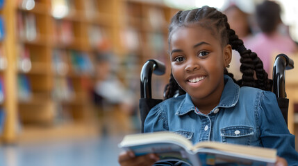 Happy black school pupil reading a library book. Smiling disabled african girl sitting in a wheelchair. Disability inclusion in education	
