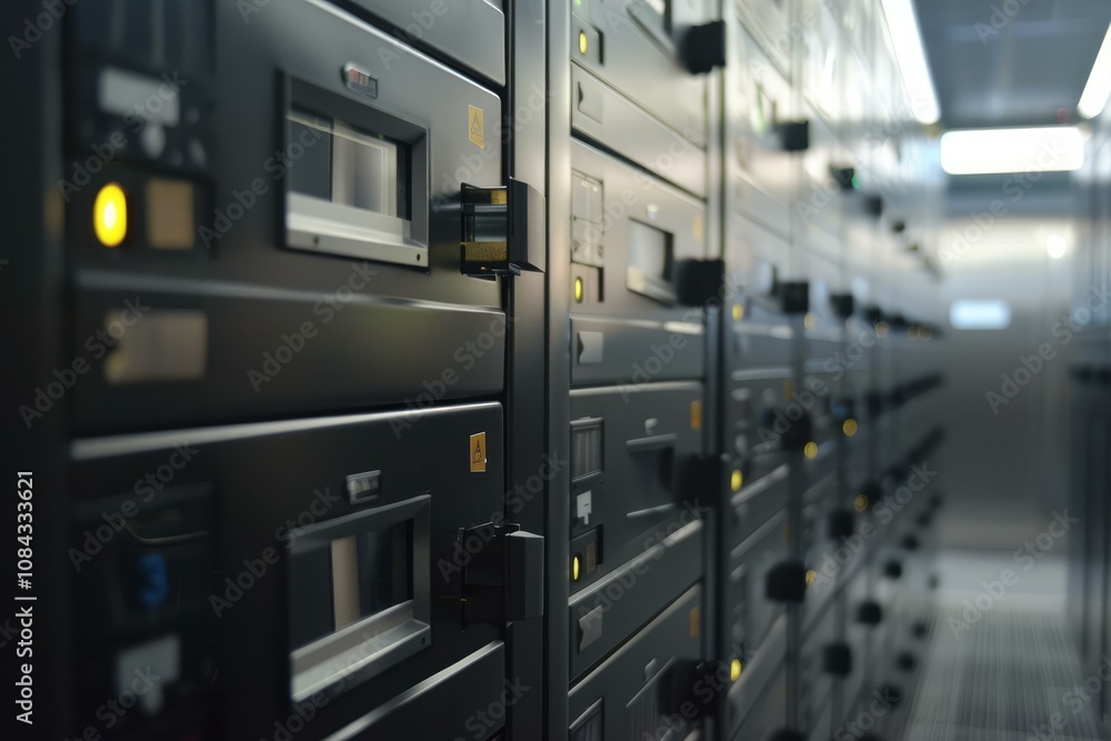 Poster network server panel lights are blinking in a data center room