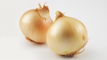 Onions: Two fresh, pale yellow onions with rough outer layers and attached stems, placed side by...