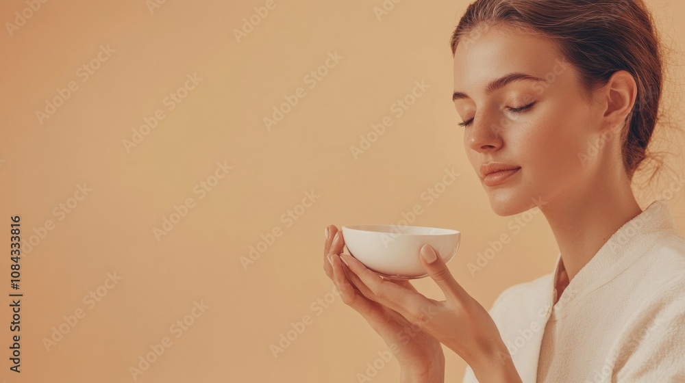Poster in a calming spa setting, a woman enjoys a moment of relaxation while delicately holding a bowl of c