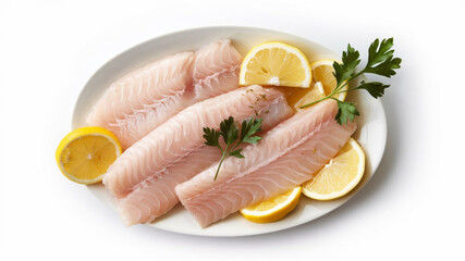 Fish Fillets: Fresh, translucent tilapia or cod fillets with a pinkish hue, accompanied by lemon slices and a sprig of parsley, set against a white background for a clean, appetizing look.