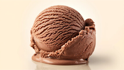 Chocolate Ice Cream: A freshly scooped, spherical ball of rich brown chocolate ice cream, with a creamy texture, melting slightly at the base for a tempting look.