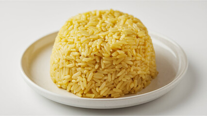 Yellow Rice: Fluffy, perfectly cooked yellow rice mounded on a white plate, set against a clean white background, emphasizing its simplicity and texture.