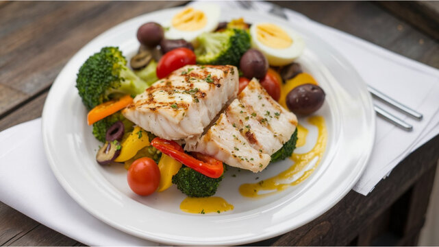Grilled Fish: A plate with grilled fish, broccoli, cherry tomatoes, bell peppers, olives, boiled egg, and yellow sauce, set on a wooden surface with white napkins.