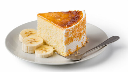 Vanilla Cake Slice: A golden-brown vanilla cake slice with caramelized top, paired with ripe banana slices, elegantly placed on a white plate.