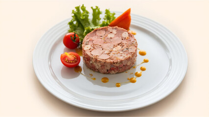 Meat Dish: A round serving of terrine or p�t�, garnished with cherry tomatoes, carrot slice, and lettuce, elegantly placed on a white plate.
