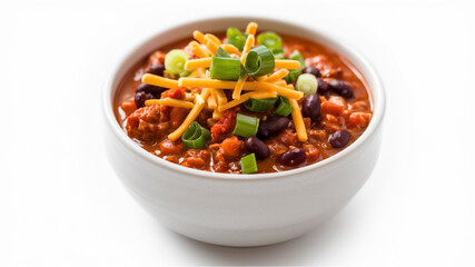 A bowl of chili topped with shredded cheese, diced green onions, and black beans. The chili appears...