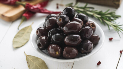 Olives: Glossy dark olives on a white plate, surrounded by red chili peppers, bay leaves, fresh rosemary, and a wooden box, set on a rustic white wooden table.