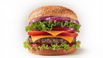 Burger: A juicy burger with a sesame seed bun, layered with cheese, fresh lettuce, tomatoes, and purple onions, beautifully presented on a white background.
