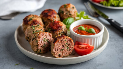 Meatballs: Golden-brown meatballs with herbs, served with red sauce and basil, alongside fresh...