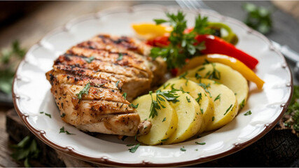 Grilled Chicken: A golden-brown grilled chicken with sliced yellow potatoes, colorful bell peppers, and fresh parsley, served on a rustic wooden plate.