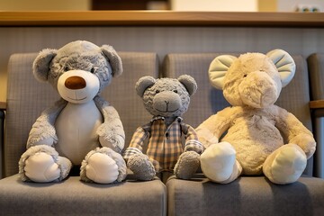 Teddy bear in the waiting room of the hospital. Selective focus.