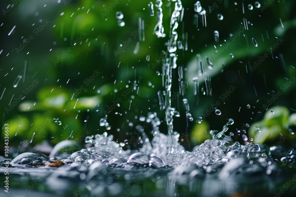 Poster close up view of heavy rain creating splashes and bubbles in a puddle of water with a green backgrou