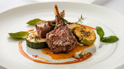 Gourmet Lamb Dish: A succulent piece of lamb with a dark glaze, served with grilled zucchini slices, a vibrant orange sauce, and fresh basil leaves, beautifully plated on a white plate. © Syed  39