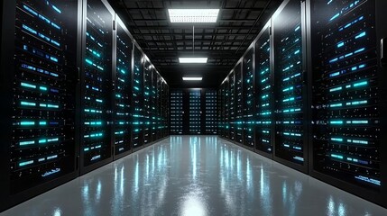 Obraz premium Cloud data server panels in a server room of a data center with security scanner