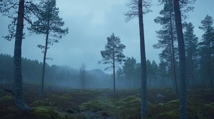 Obraz premium Winter reveals the bare, stark beauty of the trees concept. A misty forest scene with tall trees, enveloped in a soft blue hue, creating an eerie yet serene atmosphere.