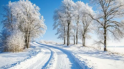 Fototapeta premium Winter reveals the bare, stark beauty of the trees concept. A serene winter scene featuring snow-covered trees lining a snowy path under a clear blue sky.