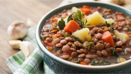 Lentil Stew: A bowl of hearty lentil stew with carrots, potatoes, and green herbs, set on a rustic...