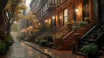 Fototapeta premium Historic Brownstone Street Scene with Modern Touches